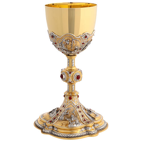 Baroque chalice with four scenes, bicoloured brass 4