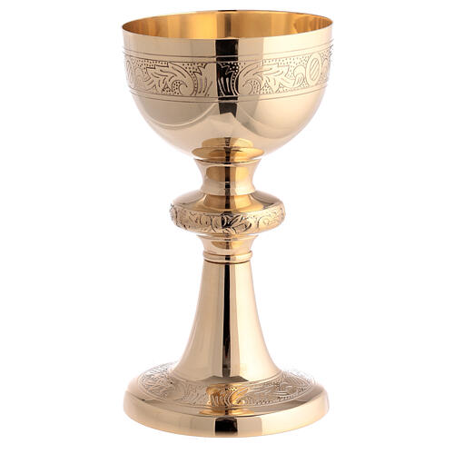 Modern chalice, ciborium and paten, gold plated brass, engraved vines 2