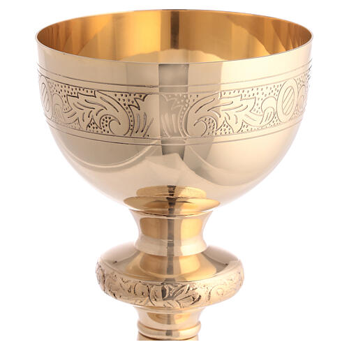 Modern chalice, ciborium and paten, gold plated brass, engraved vines 3