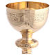 Modern chalice, ciborium and paten, gold plated brass, engraved vines s3