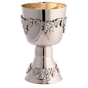 Modern chalice, ciborium and paten of silver-plated brass, embossed vine pattern