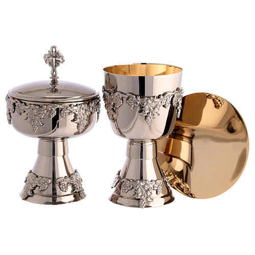 Modern chalice, ciborium and paten of silver-plated brass, embossed vine pattern 1