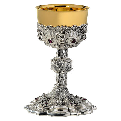 Baroque chalice with purple stones and embossed Saints, brass 1