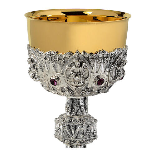 Baroque chalice with purple stones and embossed Saints, brass 2