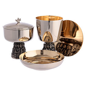 Chalice, ciborium and bowl paten of silver-plated brass, base with embossed apostles