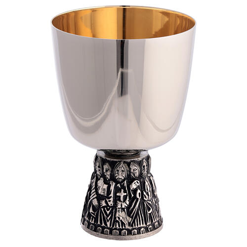 Chalice, ciborium and bowl paten of silver-plated brass, base with embossed apostles 2
