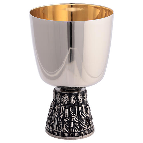 Chalice, ciborium and bowl paten of silver-plated brass, base with embossed apostles 3