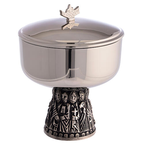 Chalice, ciborium and bowl paten of silver-plated brass, base with embossed apostles 4