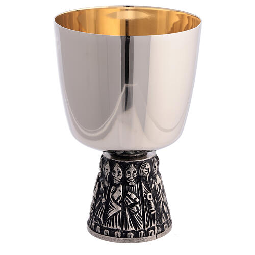Chalice, ciborium and bowl paten of silver-plated brass, base with embossed apostles 6