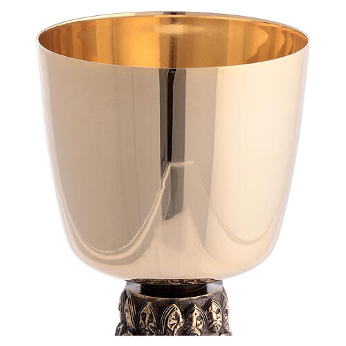 Romanesque chalice, ciborium and bowl paten of gold plated brass, base with embossed Apostles 3