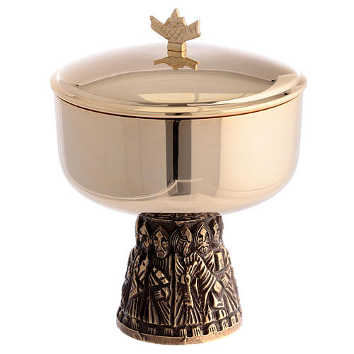 Romanesque chalice, ciborium and bowl paten of gold plated brass, base with embossed Apostles 4