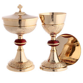 Chalice and ciborium of gold plated brass, vine pattern and matt burgundy node