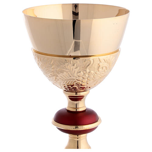 Chalice and ciborium of gold plated brass, vine pattern and matt burgundy node 3