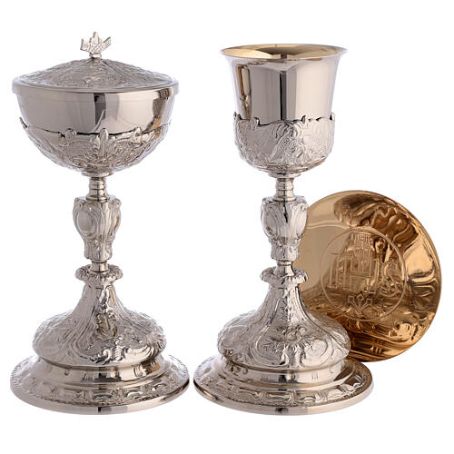 Baroque decorated chalice, ciborium and paten of silver-plated brass, floral pattern 1