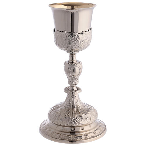 Baroque decorated chalice, ciborium and paten of silver-plated brass, floral pattern 2