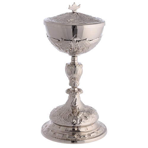 Baroque decorated chalice, ciborium and paten of silver-plated brass, floral pattern 5