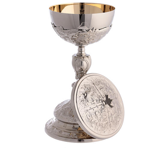 Baroque decorated chalice, ciborium and paten of silver-plated brass, floral pattern 7