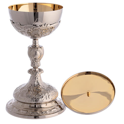 Baroque decorated chalice, ciborium and paten of silver-plated brass, floral pattern 8