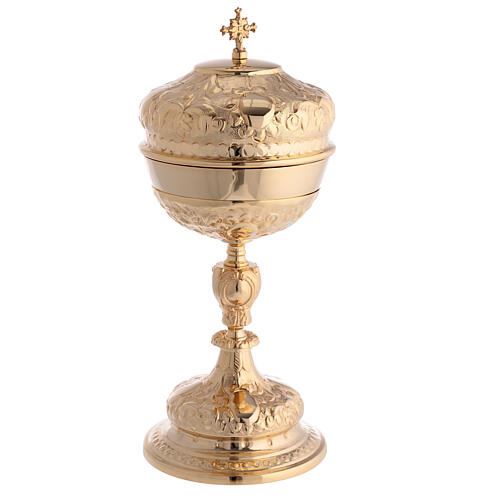 Chalice with paten and ciborium of gold plated brass, Baroque floral pattern 5