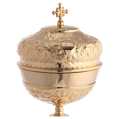 Chalice with paten and ciborium of gold plated brass, Baroque floral pattern 6