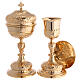 Chalice with paten and ciborium of gold plated brass, Baroque floral pattern s1