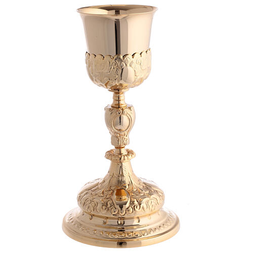 Chalice with paten and pyx in gilded brass with baroque floral decoration 2