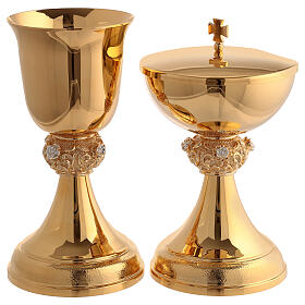 Set of chalice and ciborium with decorated node, silver roses on gold plated brass