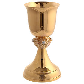 Set of chalice and ciborium with decorated node, silver roses on gold plated brass