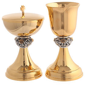 Set of chalice and ciborium with silver node, golden roses, 24K gold plated brass