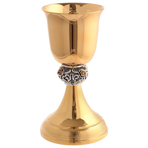 Set of chalice and ciborium with silver node, golden roses, 24K gold plated brass 2