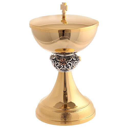 Set of chalice and ciborium with silver node, golden roses, 24K gold plated brass 3