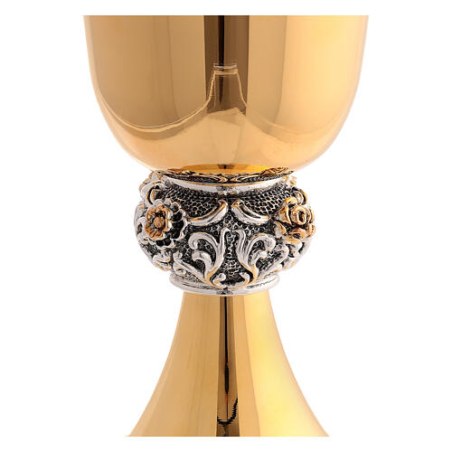 Set of chalice and ciborium with silver node, golden roses, 24K gold plated brass 4