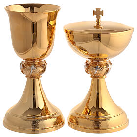 Chalice and ciborium with silver crosses on nodes, gold plated brass