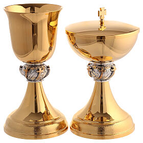 Chalice and ciborium with golden crosses on silver nodes, gold plated brass