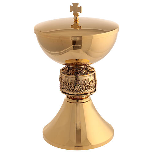 Chalice and ciborium set with Last Supper decoration, gold plated brass with burnished node 3