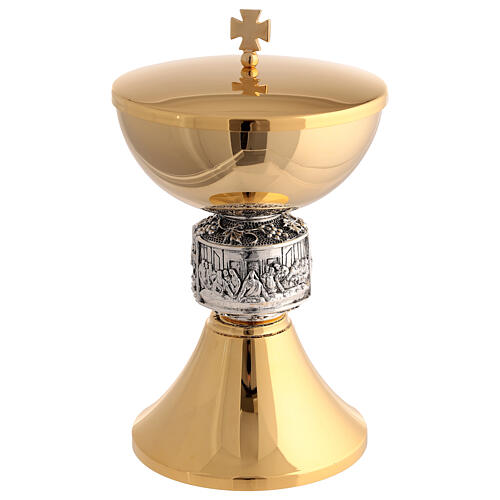 Chalice and ciborium set, embossed Last Supper, gold plated brass with silver node 4