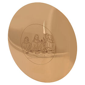 Engraved paten with Last Supper, gold plated brass, 5 in