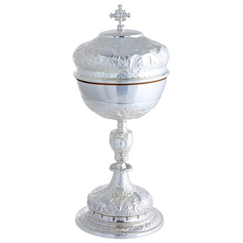 Baroque silver-plated brass chalice, ciborium, and paten with floral pattern 5