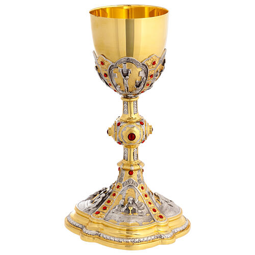 Kelch und Ziborium mit Darstellungen aus dem Leben Jesu aus vergoldetem Messing 2