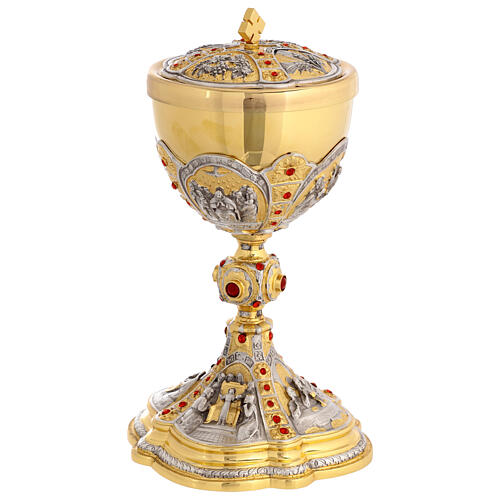 Kelch und Ziborium mit Darstellungen aus dem Leben Jesu aus vergoldetem Messing 15