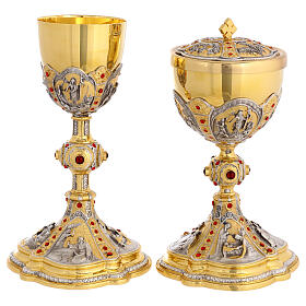 Chalice and ciborium of gold plated brass, images of the life of Jesus