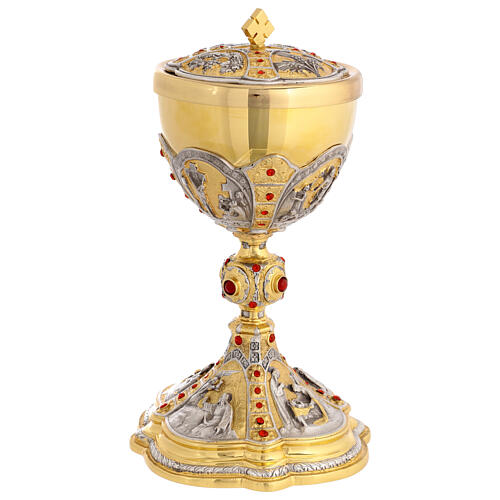 Chalice and ciborium of gold plated brass, images of the life of Jesus 13