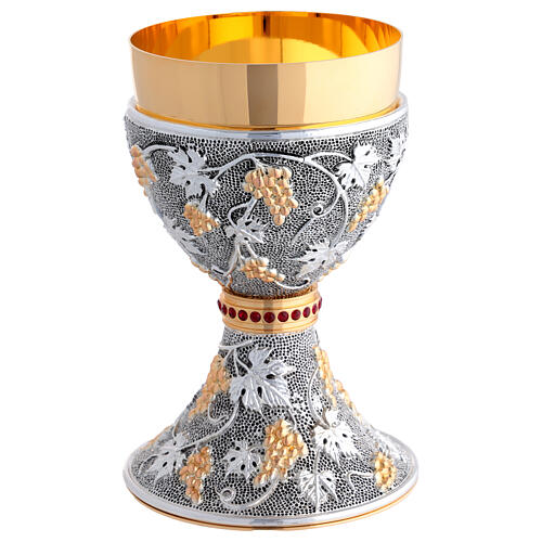 Two-tone chalice and ciborium with red stone node and dotted Base with grape clusters 2
