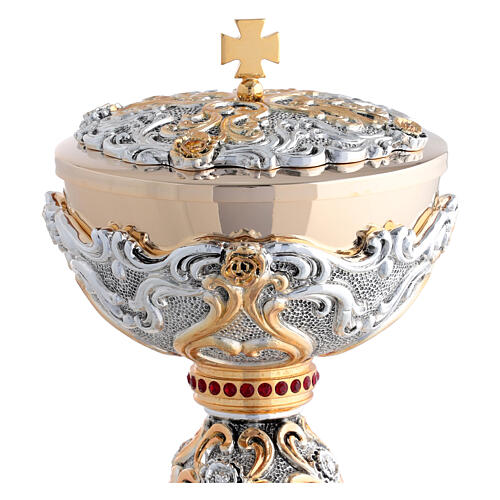 Two-tone chalice and ciborium with swirls and red stone node 5