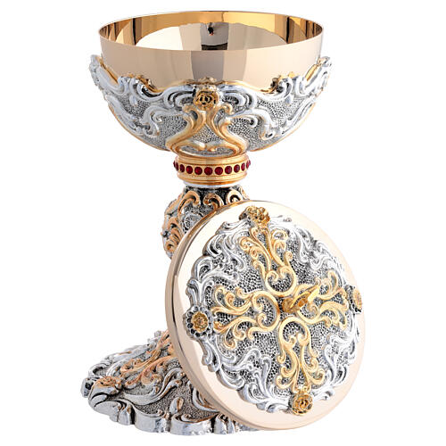 Two-tone chalice and ciborium with swirls and red stone node 6