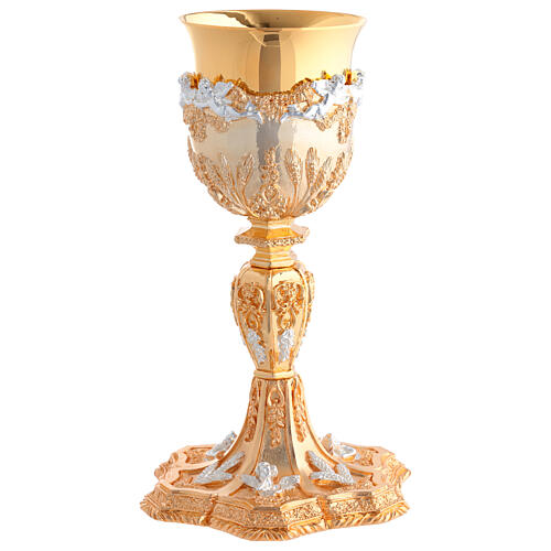 Kelch und Ziborium, 24 Karat vergoldet, mit versilberten Engeln und Getreideähren im Barockstil 2