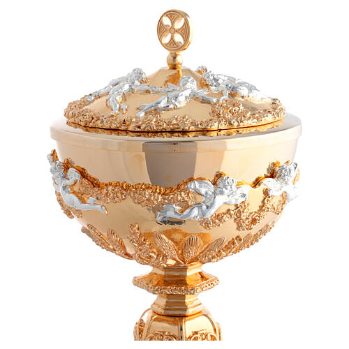 Kelch und Ziborium, 24 Karat vergoldet, mit versilberten Engeln und Getreideähren im Barockstil 5