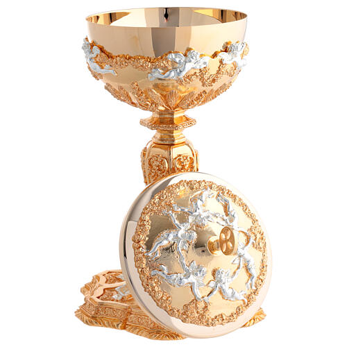 Kelch und Ziborium, 24 Karat vergoldet, mit versilberten Engeln und Getreideähren im Barockstil 6