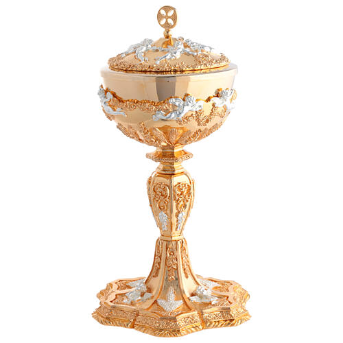 Kelch und Ziborium, 24 Karat vergoldet, mit versilberten Engeln und Getreideähren im Barockstil 8