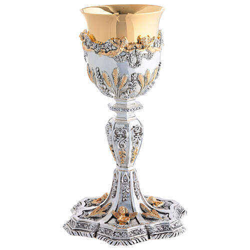 Silver chalice and ciborium in Baroque style with golden angels and wheat 2